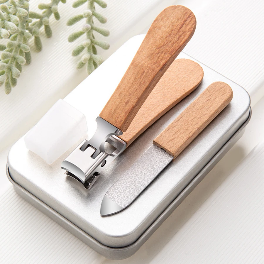 Stainless Steel Thick Nails Toenail Trimmer Nail Accessories Wooden Anti Splash Nail Clipper  Long Handle with Catcher Nail File