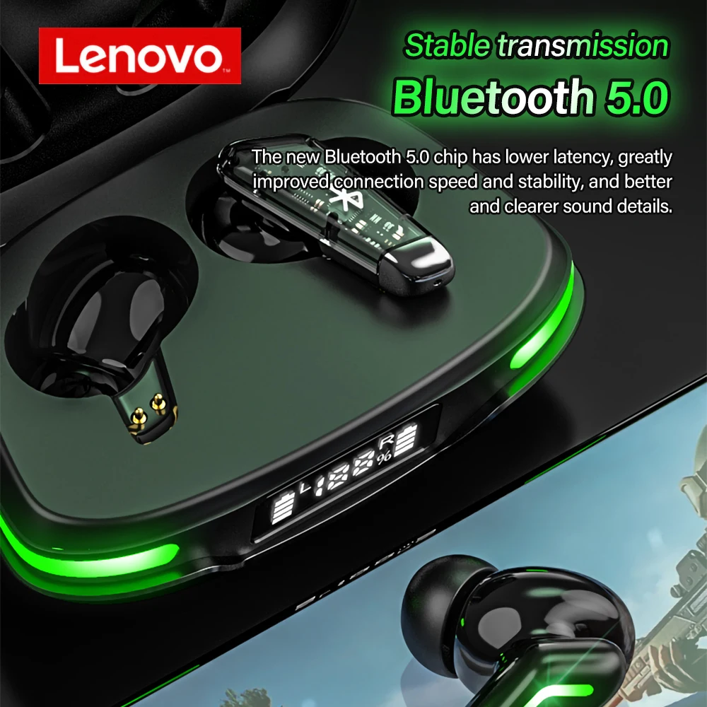 เดิม Lenovo GM3 TWS หูฟังไร้สายบลูทูธดิจิตอลจอแสดงผล Latency ต่ำหูฟังตัดเสียงรบกวน