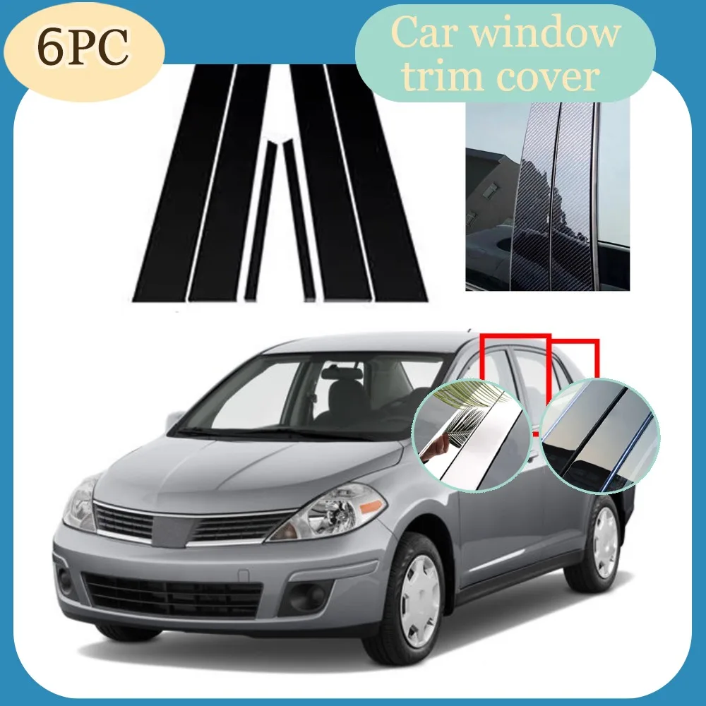 

6Pcs Glossy Black Silver Carbon Pillar Post Trim Fit For Nissan Versa 4Door Sedan 2006-2010 2011 Window Moulding Sticker Cover