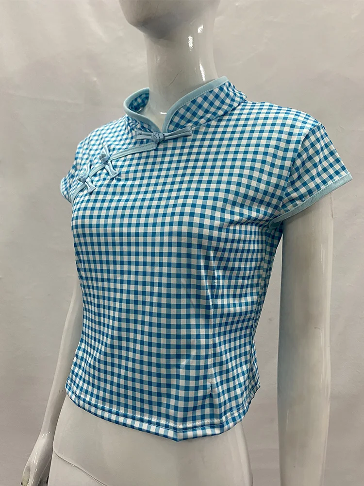 Summer Women Y2K Coquette Chinese Style Gingham Check Mandarin Collar Frog Button Cap Sleeve Slim Cropped T-Shirts