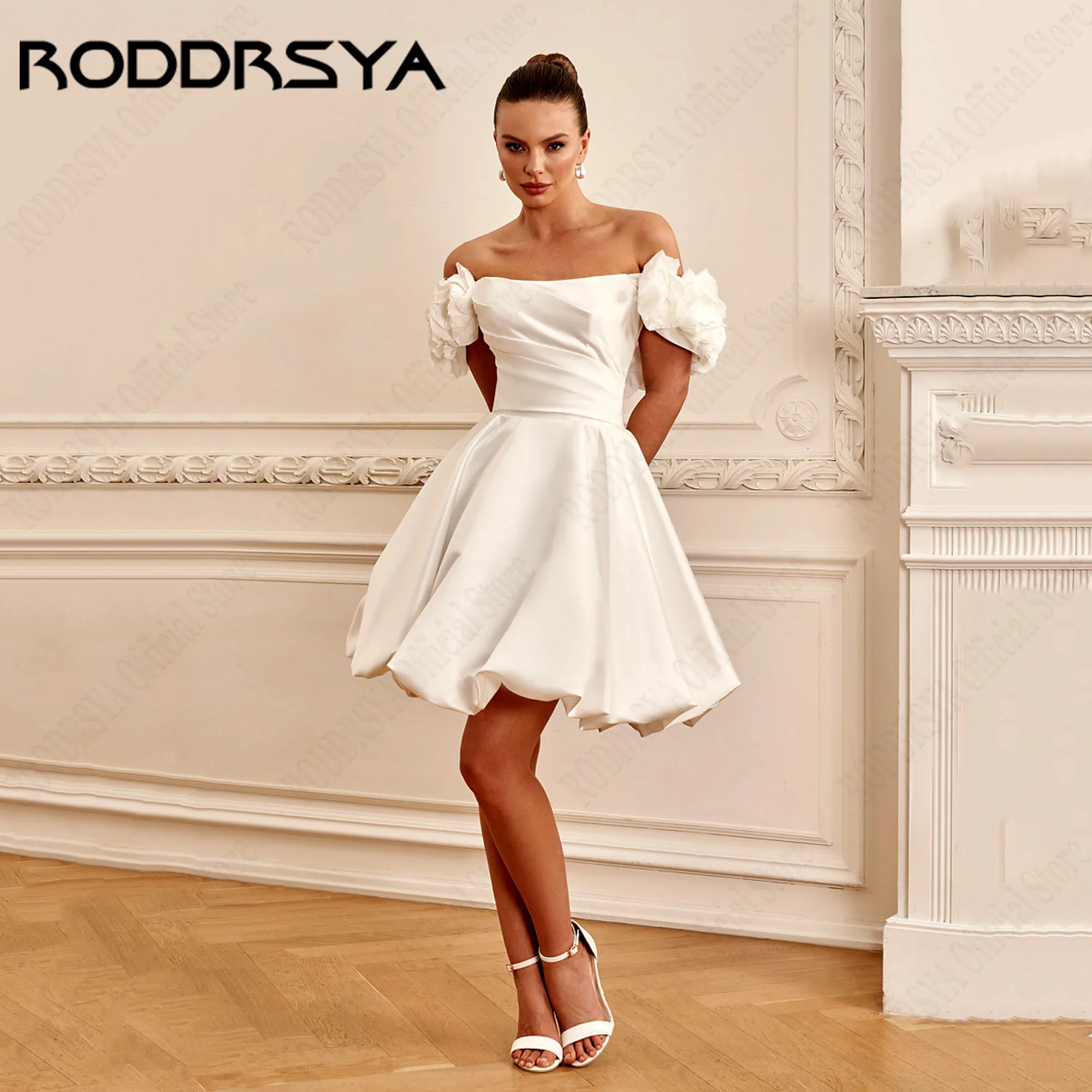 RODDRSYA สั้นปิดไหล่ชุดแต่งงาน 2025 A-Line Strapless ซาตินโมเดิร์นเจ้าสาว Gowns 3D ดอกไม้ Lace Up vestido ที่กําหนดเอง