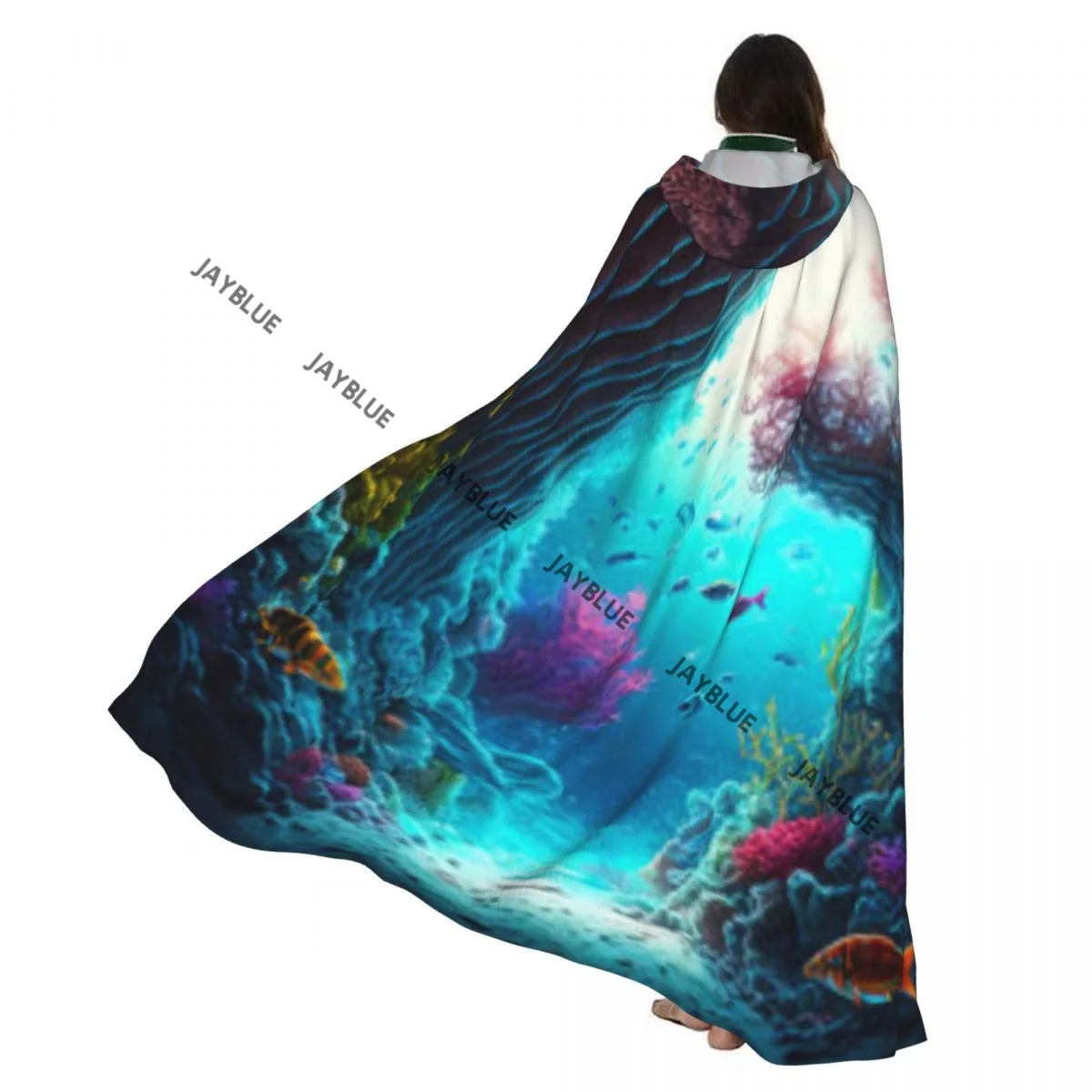 Coral Reefs vida marina viaje al fondo de cueva subacuática en el océano capa con capucha poliéster Unisex capa de bruja accesorio de disfraz
