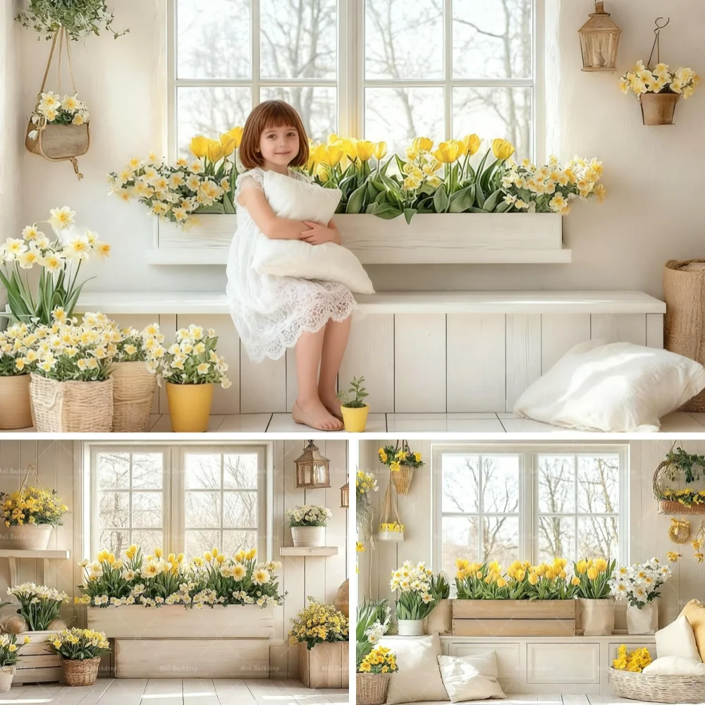 

Spring Easter Boho White Room Photography Background Window Yellow Flowers Kids Birthday Portrait Decor Backdrop Photo Studio