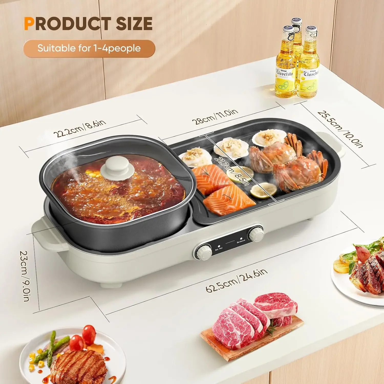 Korean BBQ Grill Indoor and Shabu Shabu Pot, Removable Hotpot Pot & KBBQ Grill,- Non-Stick, Adjustable Temperature, Family Size