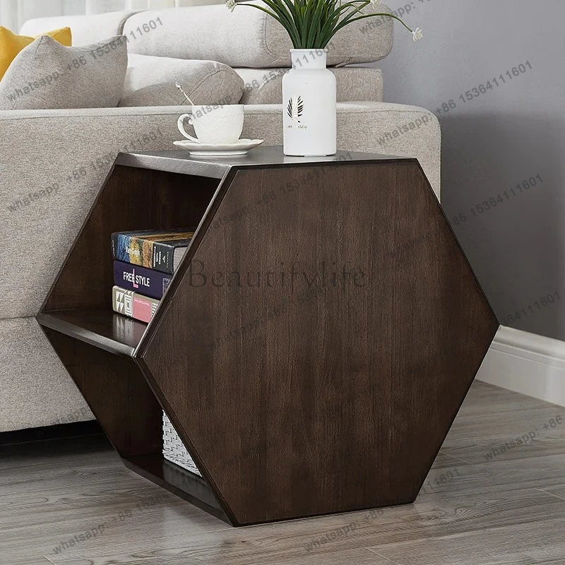 simple solid wood sofa edge several multi-functional hexagonal combination with storage creative bedside table