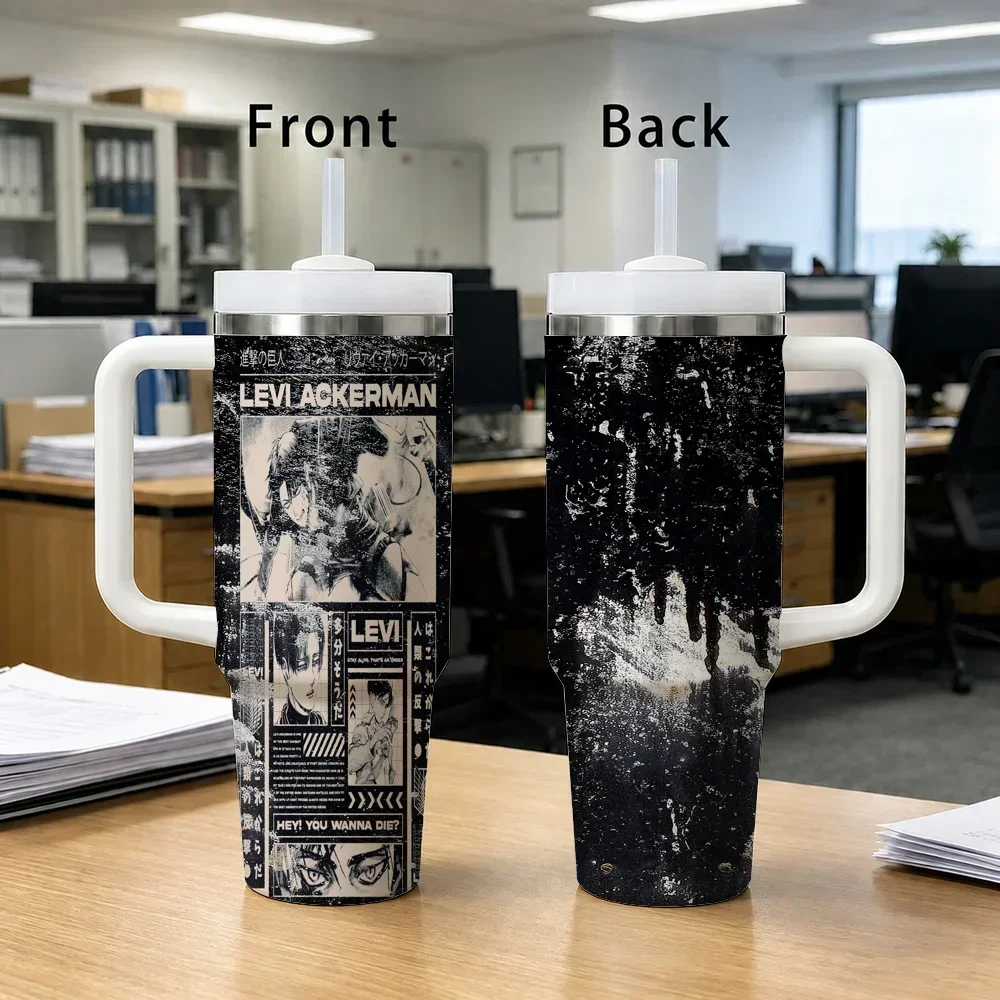 ANIME A-Attack on T-Titan Vacuum Flasks 40oz Stainless Steel Insulated Tumbler with Handle Straworders for other colors will be shipped randomly in black or white