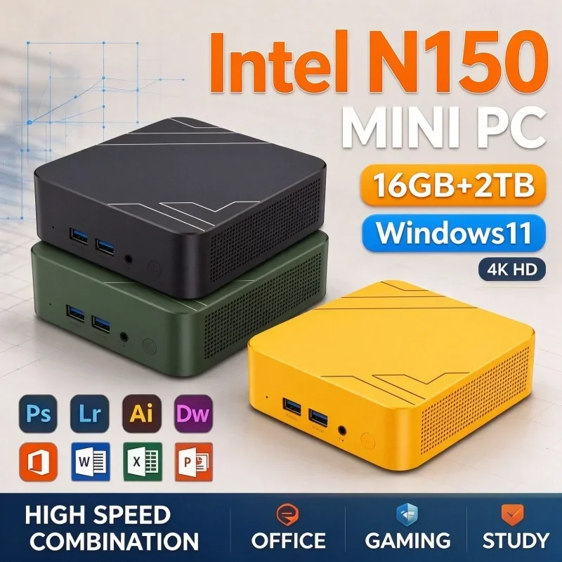 Intel N150 Small Form‑Factor Mini PC Windows 11 16GB RAM 1TB/2TB SSD WiFi6 BT5.2 High‑Speed PC for Home Office Daily Gaming Use