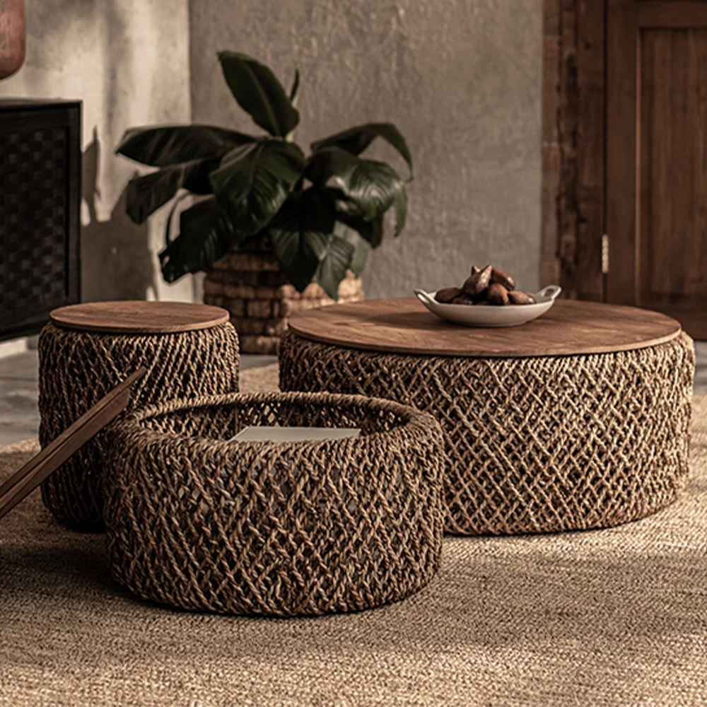 

Teak Furniture Rattan Weaving Round Stowable Living Room Home Use Southeast Asian Style Coffee Table Couchtisch Home Furniture