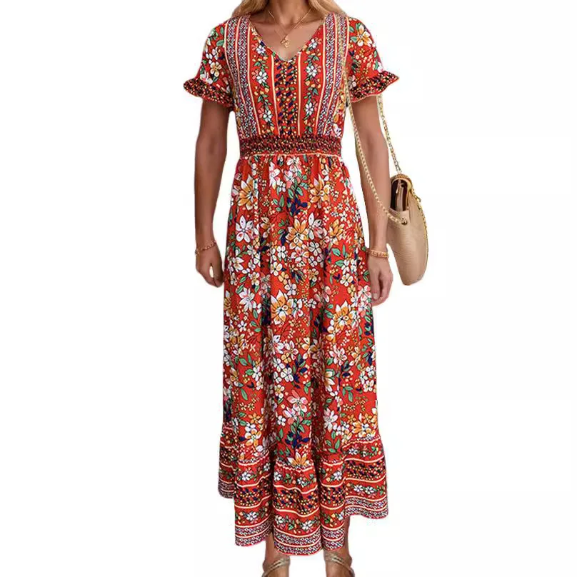 FD1599 2024 Spring/Summer New Women's Fashion And Elegance Printed Bohemian Mid Length Dress