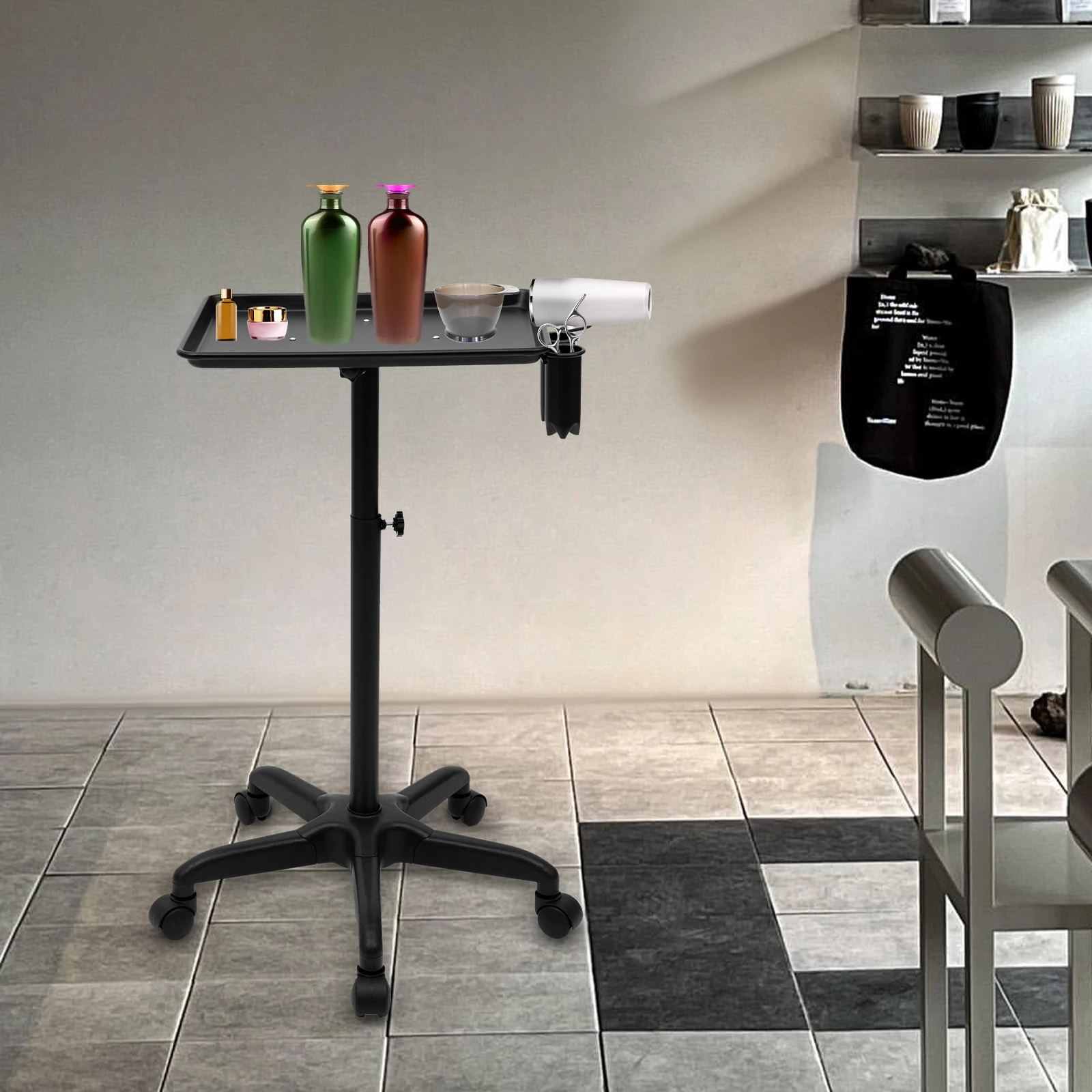 

Мобильная тележка для косметических инструментов, устойчивая к коррозии, с регулируемой высотой, боковым держателем для инструментов, нагрузка до 13 фунтов, универсальные колеса для салонов, спа и тату-салонов