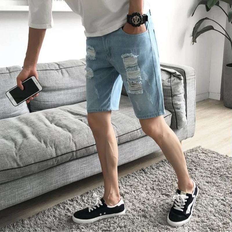 

Trendy Distressed Denim Shorts for Men Summer Lightweight with Ripped Details Korean Loose Fit Mid-length Casual Youth Apparel