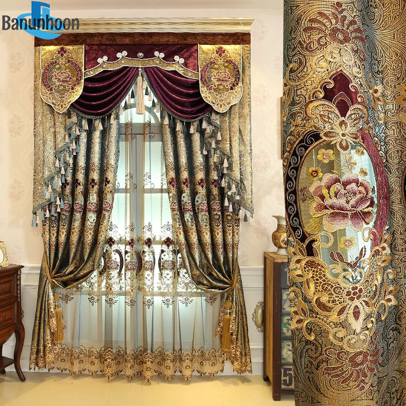 European and American Style Royal Curtains for Living Room Window Luxury Gold Water-soluble Embroidered Curtain Fabric