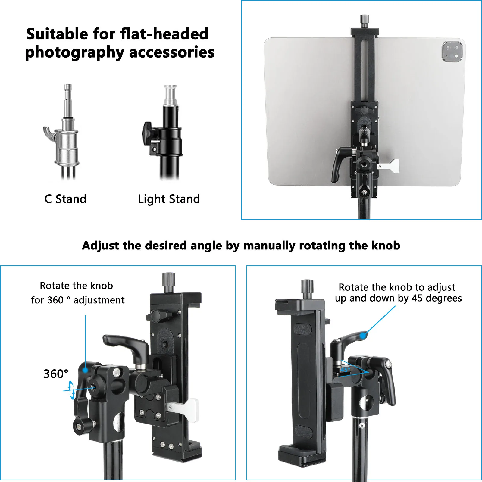CAMVATE Penyangga Tablet iPad yang Dapat Disesuaikan dengan Rotasi 360 °   Pan Cocok untuk iPad atau Tablet dengan Ukuran 7,9 hingga 12,9 inci, Dapat Dipasang di C-Stand dan Light Stand