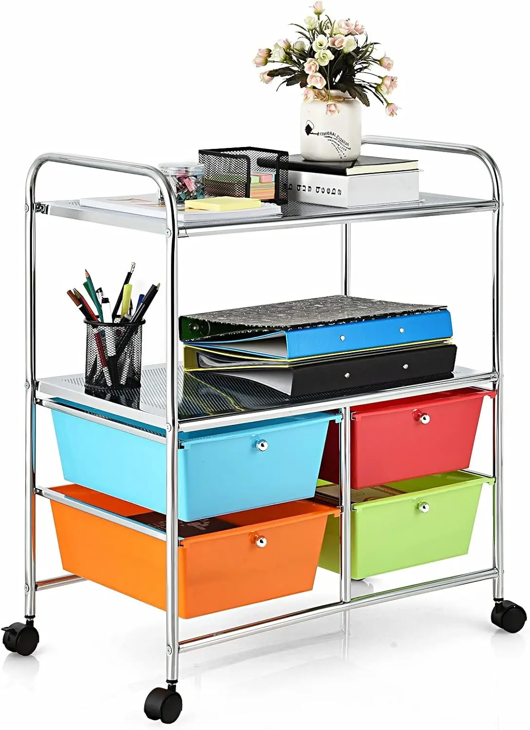 

w/2 Shelves & Metal Frame, Paper Scrapbook File Organizer for Home Office School Classroom, Movable Art Craft Cart (Multicolor)