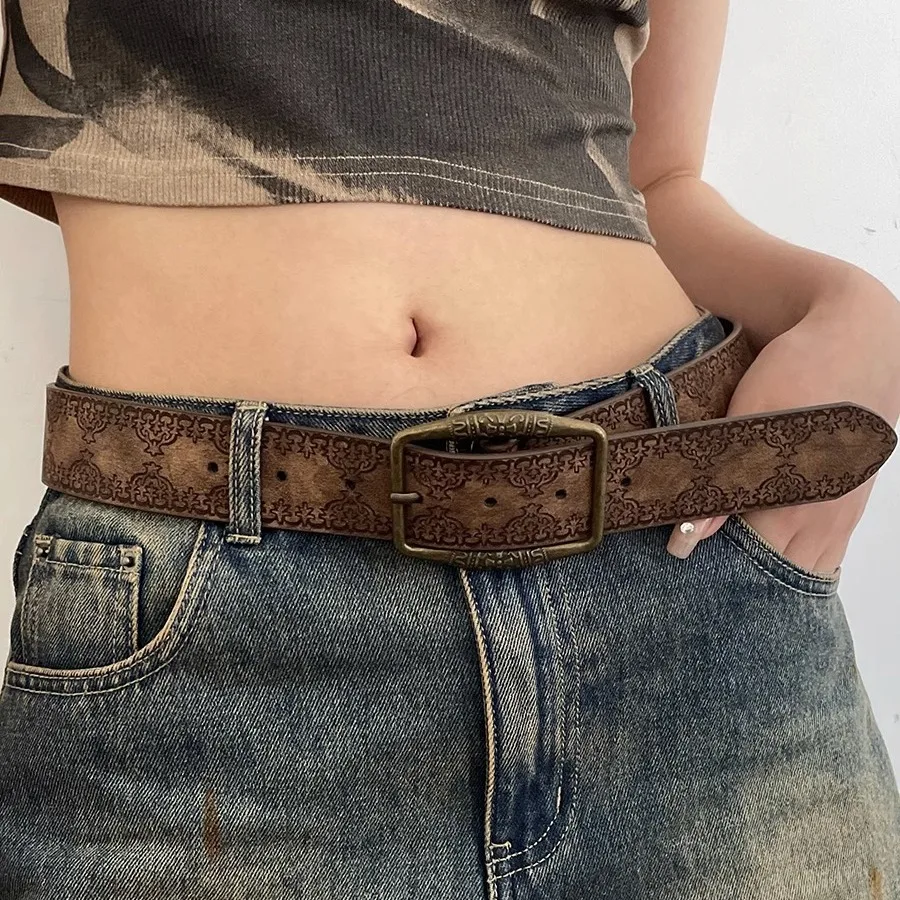 Vintage Embossed Faux Leather Belt Retro Bronze Buckle Distressed Waist Strap Ethnic Stylish Decorative Matching Jeans Outfits