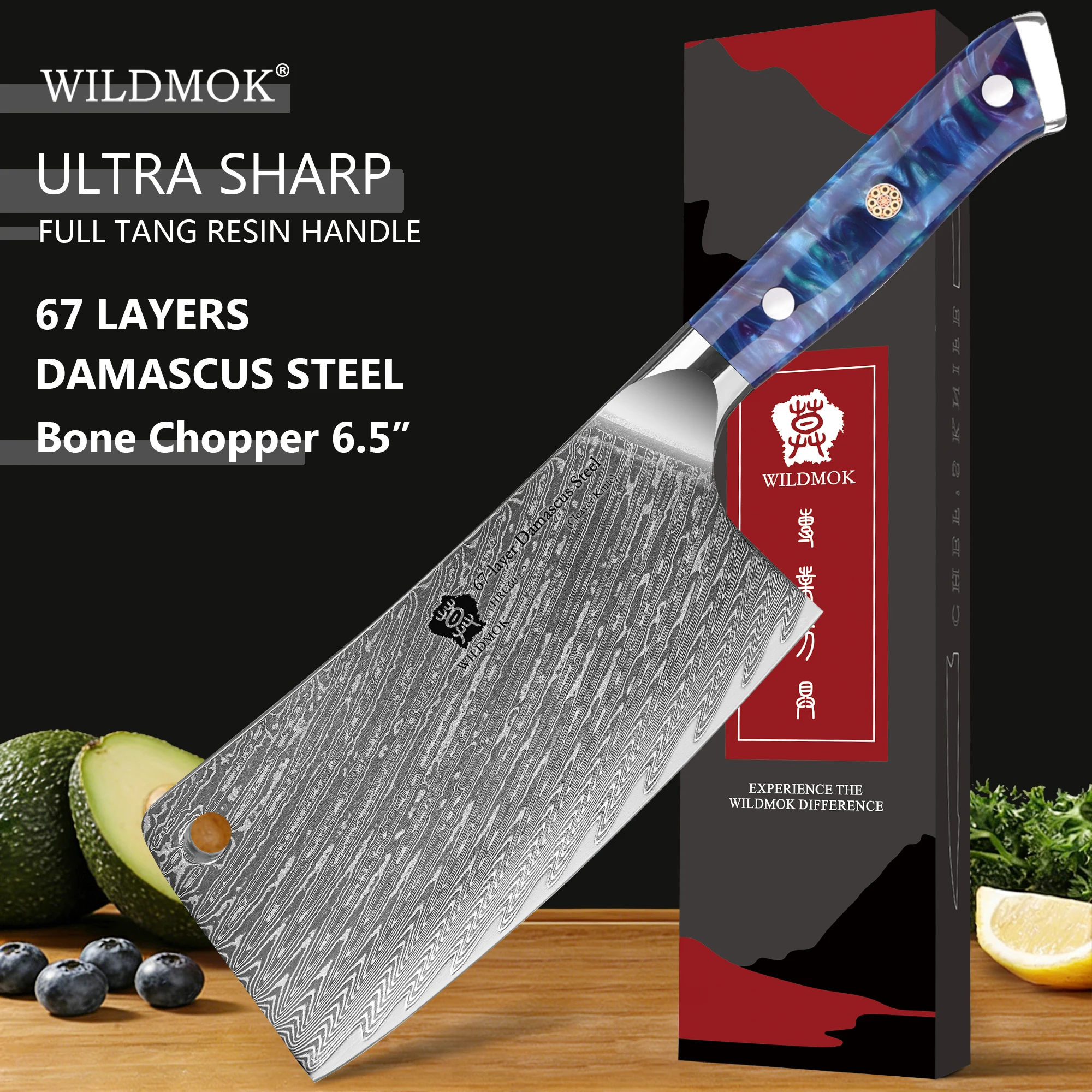

WILDMOK 6.5" Ultra Sharp Damascus Bone Cleaver Blue Resin Handle Home Kitchen Commercial Cooking Meat Vegetable Butcher Knife