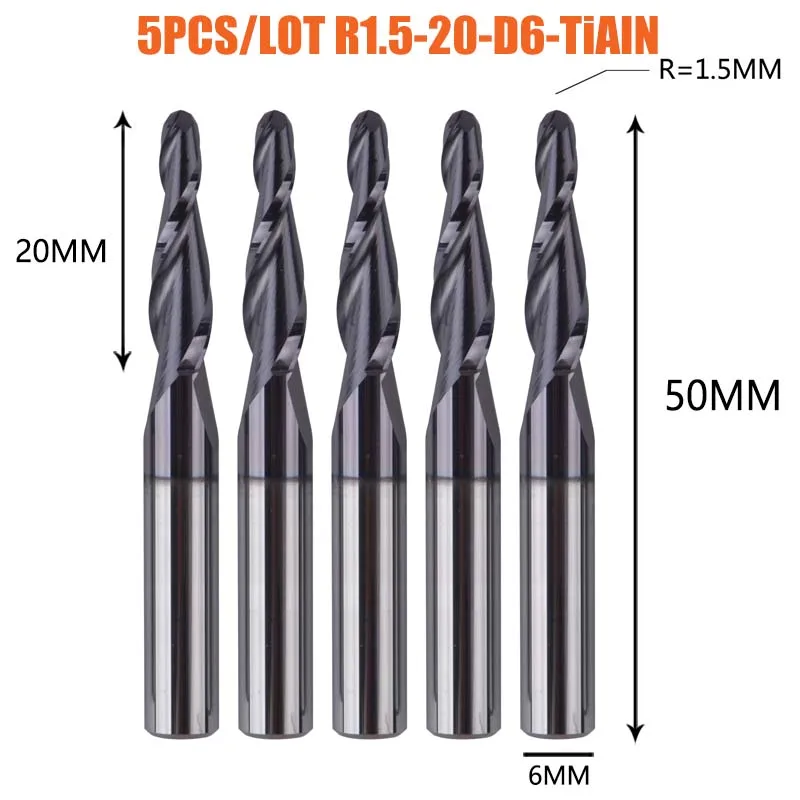 Dreanique 5 stuks/verpakking 4 6mm schacht 2 snijkanten hardmetaal volhardmetaal conische bolkop CNC graveerfrees frees voor hout en metaal