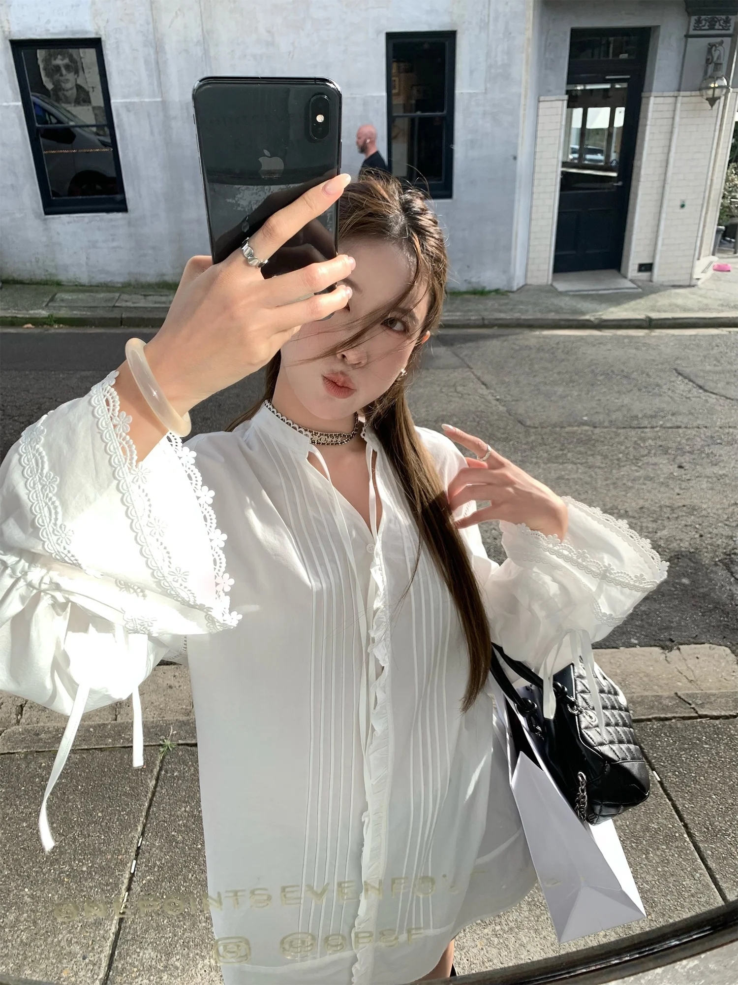 

PPLAND White Tea Memoire Women's Long Sve V-ne Lace Trim irt Dr Korean Sle Commute Cotton Casual H-pe Dr