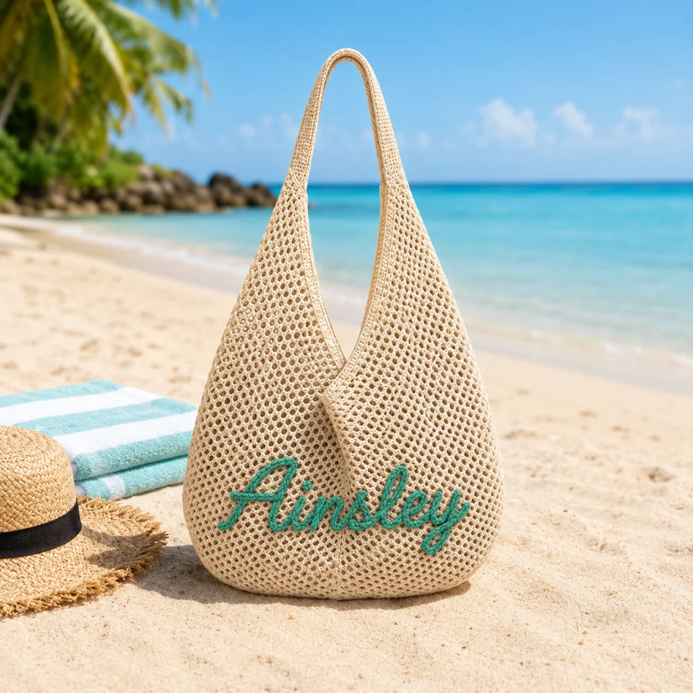Custom Name Embroidered Crochet Straw Tote Bag, Personalized Woven Beach Bag for Women Summer Vacation Travel Handbag