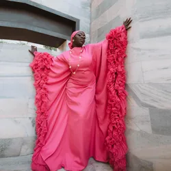 Hot Pink Satin Long African Women Dresses With Big Volume Ruffles Trimmed Tulle Sleeves Fuchsia Long Maxi Gowns