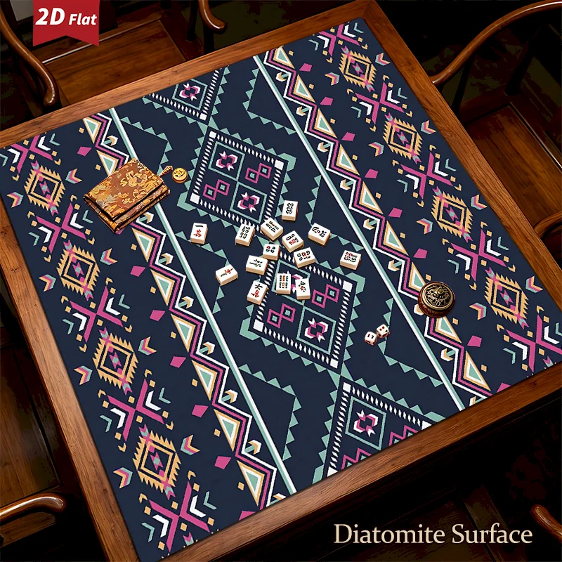 VIKAMA Square Mahjong Table Mat With Ethnic Geometric Printing, Anti Slip And Noise Reducing Absorbent Pad,Poker Home Decoration