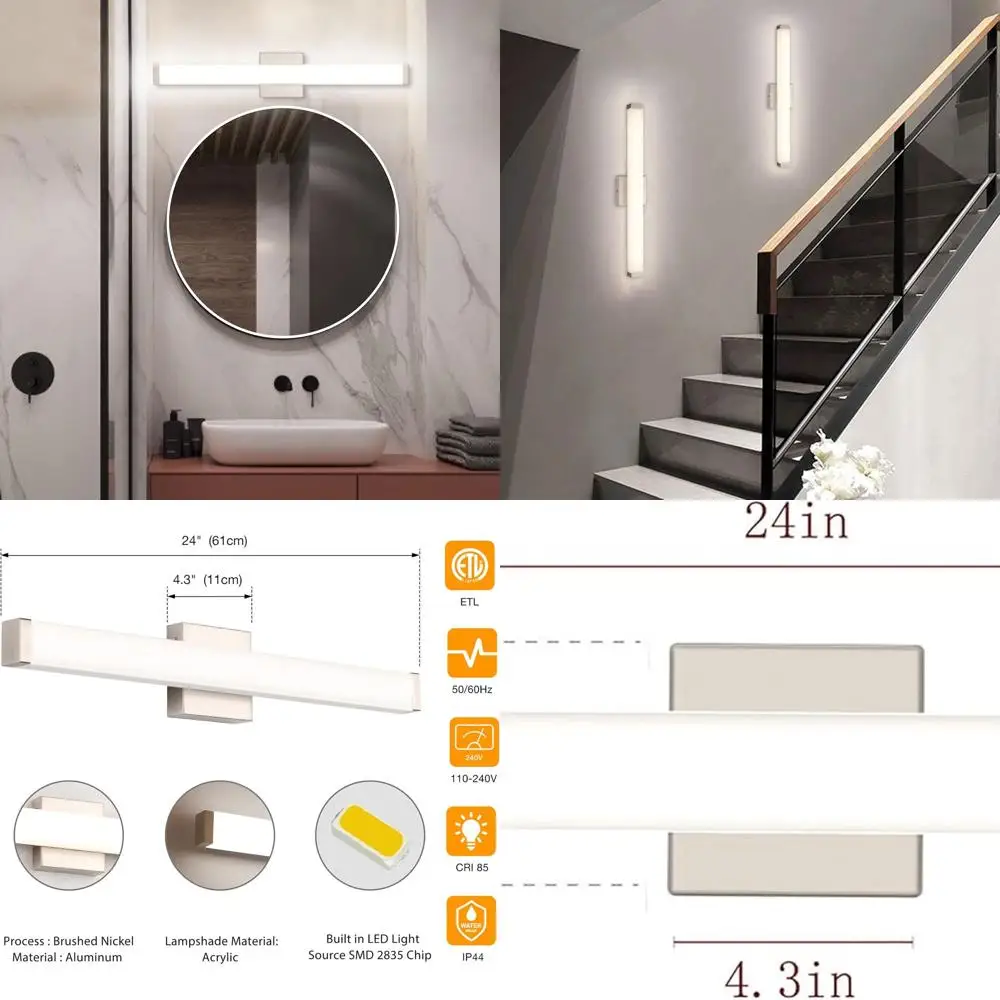 24 شريط إضاءة حائط LED من النيكل المصقول، 14 وات، 4000 ك أبيض طبيعي، للحمام فوق المرآة #1