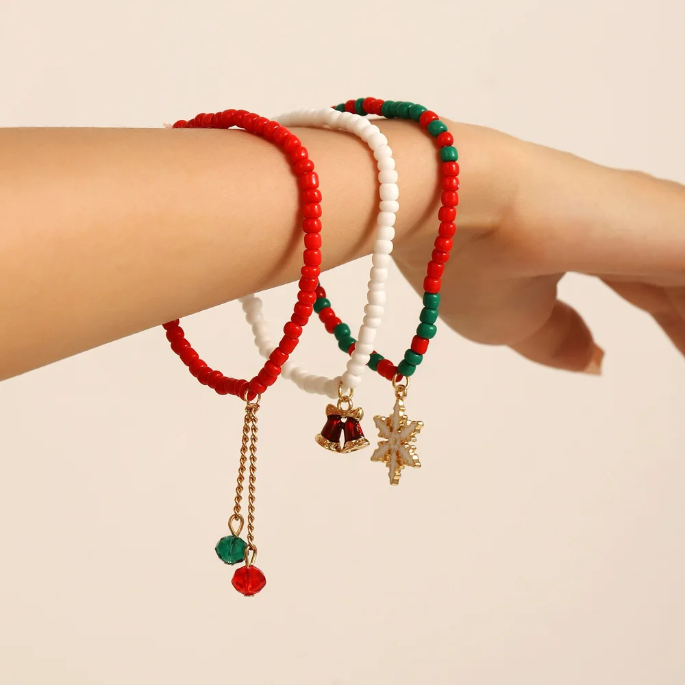 3PCS Set Christmas Bracelet For Women Girls Red Bell Snowflake Pendant Women Beads Thread Rope Bracelet Cute Fashion Jewelry image 2