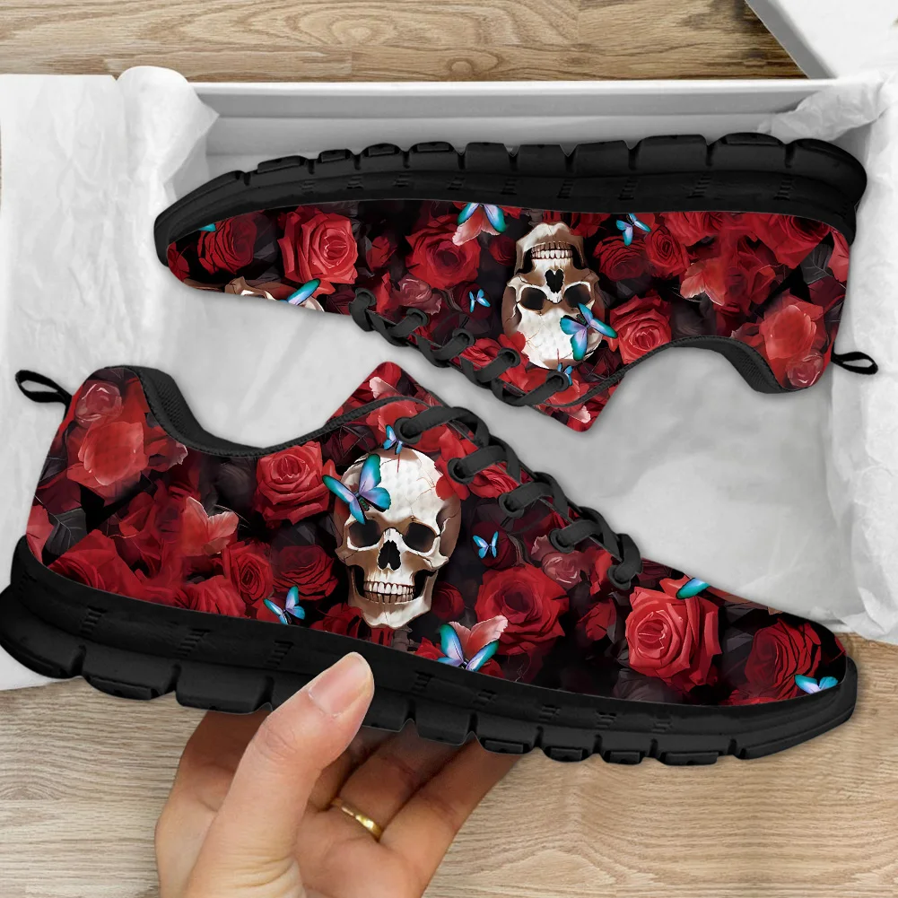 INSTANTARTS Pretty Red Flower Skull Gothic Design Casual Sneakers for Women Lightweight Walking Flats Non-Slip Vulcanized Shoes