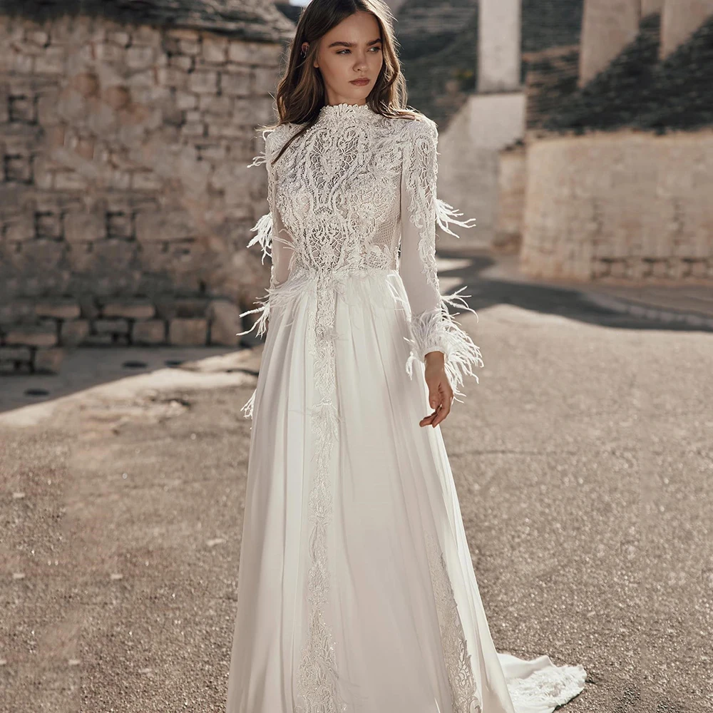 Customized Wedding Dresses for Woman A-line Feathers High Long Sleeve Elegant Bride Gown Lace Perspective robe de mariée فستان ح