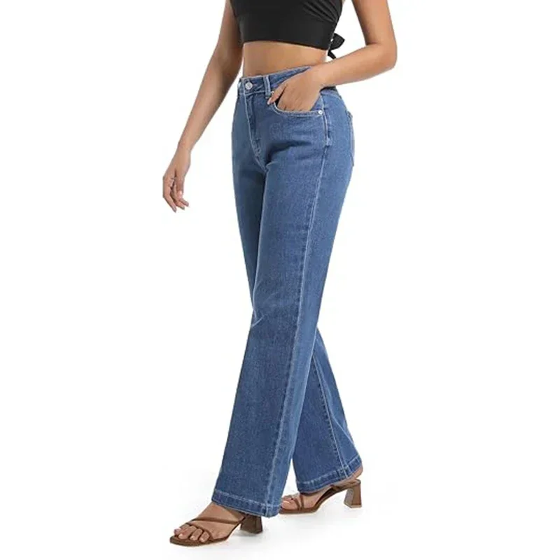 2025 Nuove donne Solid Basic Jeans a gamba dritta Ragazze Retro Casual Pantaloni in denim a vita alta Lady Classic Designer Pantaloni larghi