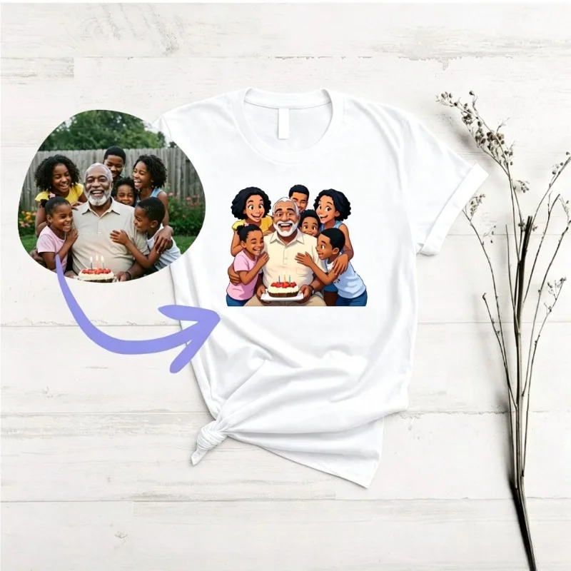 Custom Photo To Cartoon Family Portrait T-shirt Personalized Tee Custom Family Matching Outfit Unique Gift For Big Family Birthd