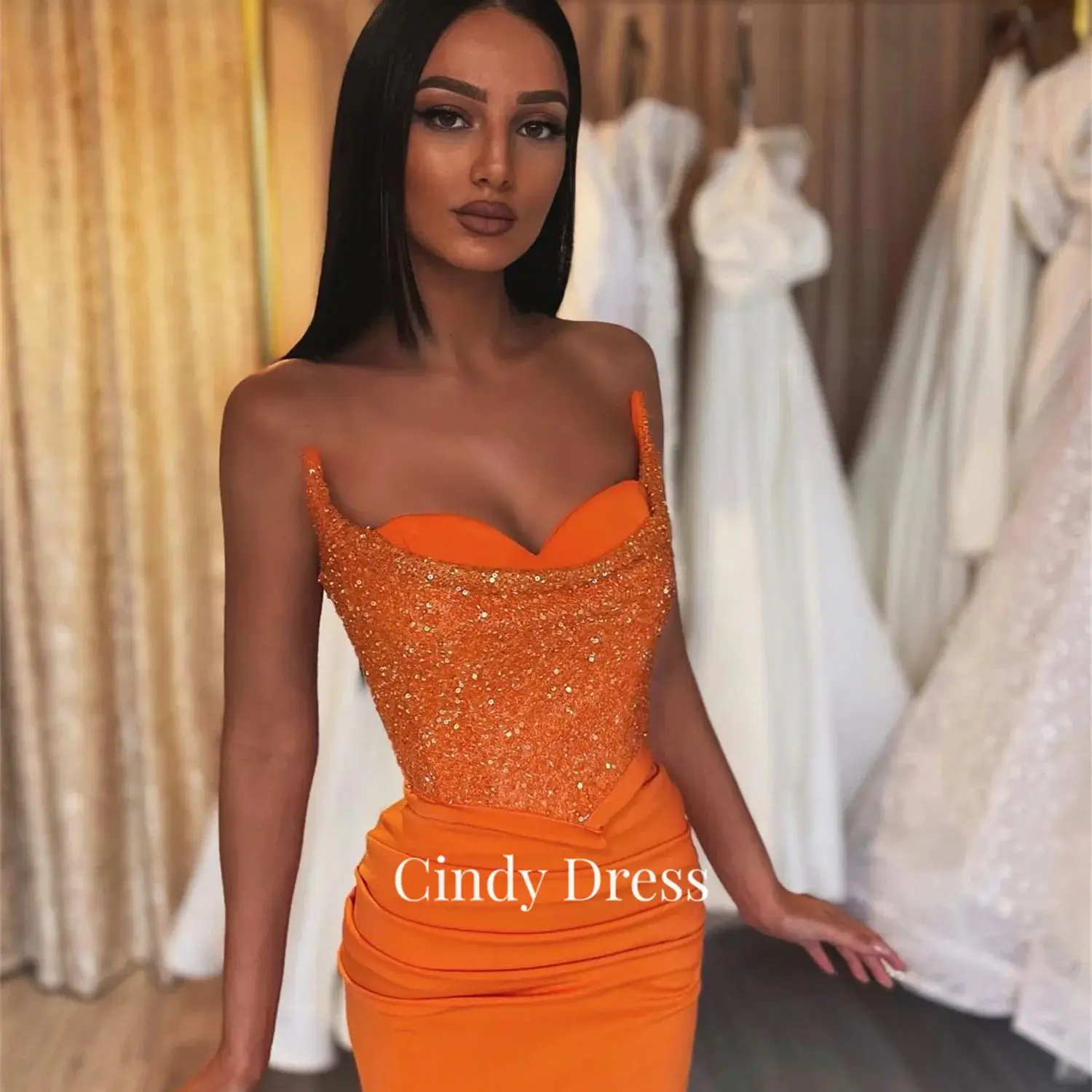 

Cindy Orange Shiny Satin Sequin Mermaid Strapless Sexy Luxurious Evening Dresses Prom Dress Elegant Pretty Women's Formal Long