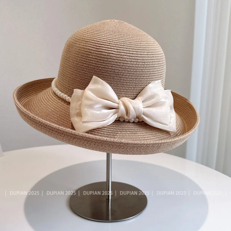 French elegant fashion pearl bow fisherman hat summer trip sun protection straw hat socialite banquet top hat
