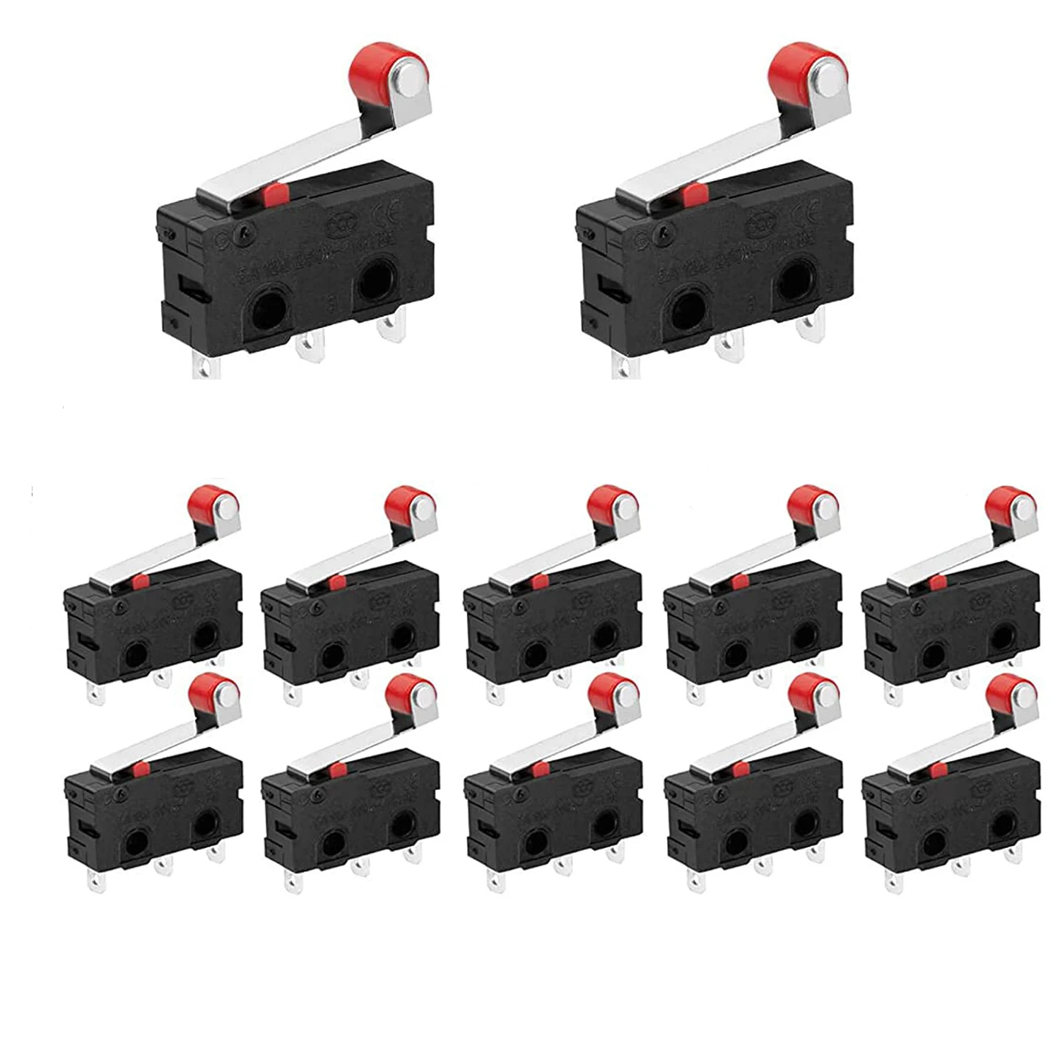10ชิ้นสวิตช์จำกัดที่มีแขนลูกกลิ้งชั่วขณะ AC 250V 5A SPDT 1NO 1NC สแน็ปอิน3pin ปกติเปิดสวิตช์จำกัด
