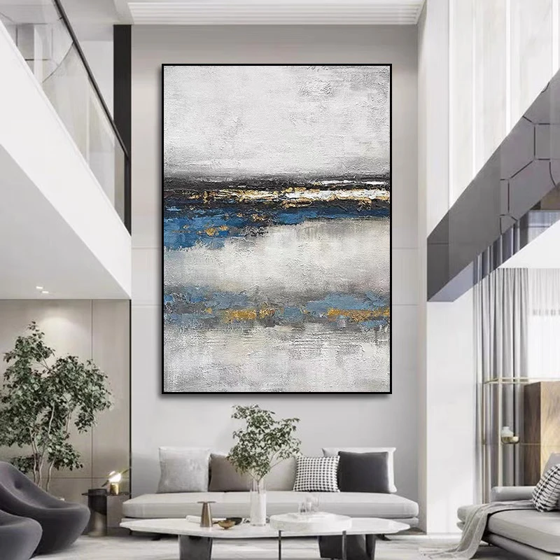 Abstract 3D Blue Grey Thick Oil Handmade Oil Painting Canvas Gold Painting Wall Picture Art Wall Art Restaurant Decor Frameless