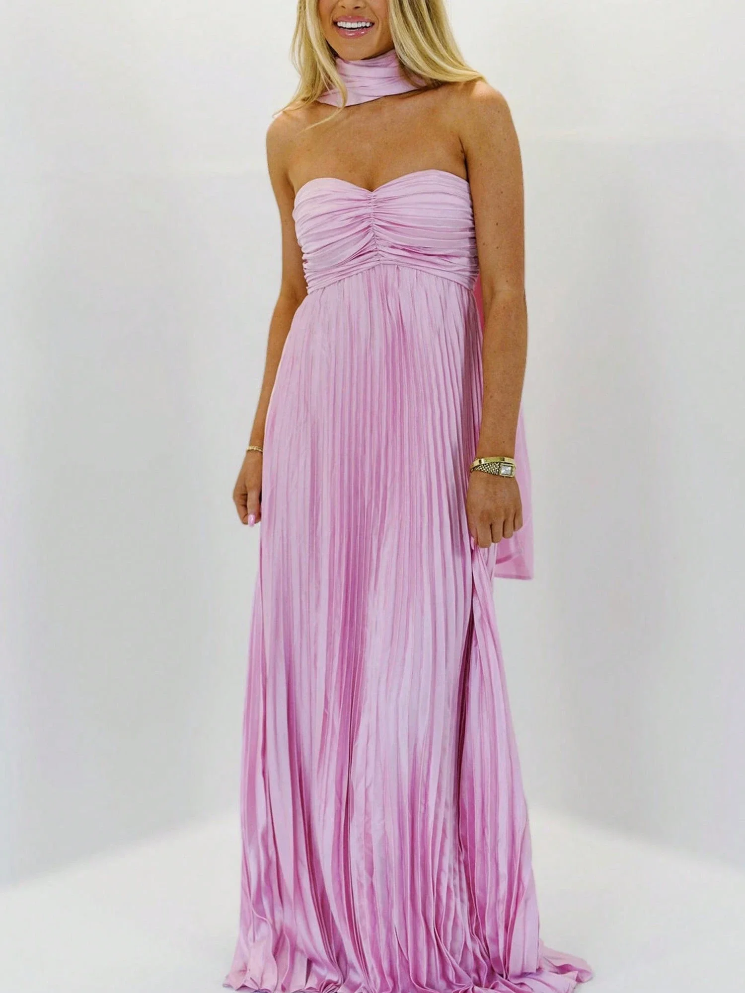 

Women Solid Color Strapless Maxi Dress With Neck Scarf Pleated Flowy Formal Evening Gown