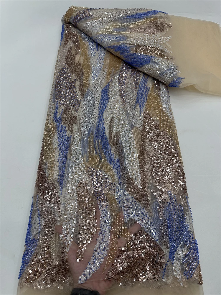 

High-End Handmade Beads Net Lace with Sequins Embroidery Super 2025 Fabric for Wedding Evening Dresses Fashion Design
