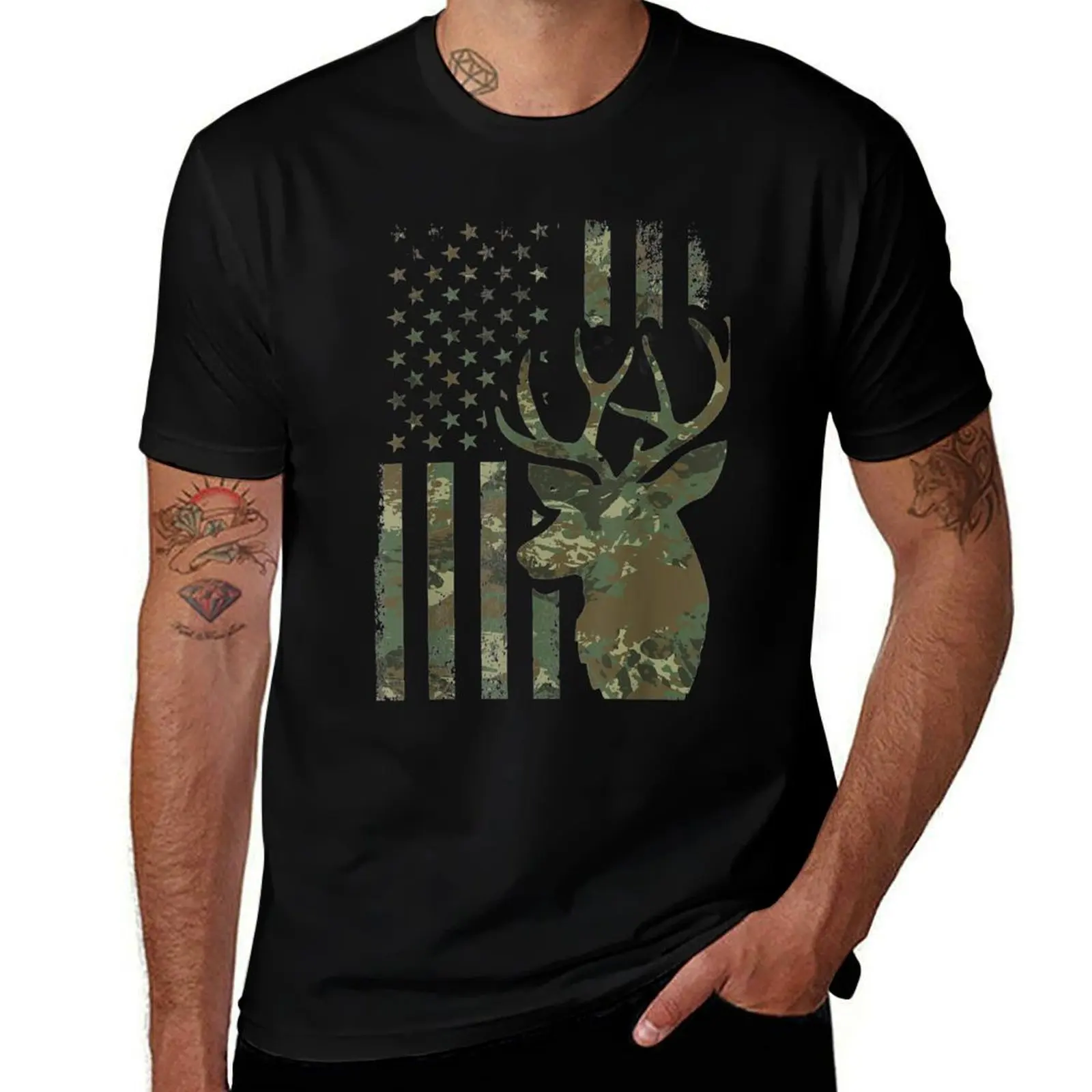 

Camo American Flag Buck Hunting Gift Deer Hunter T-Shirt anime t shirts oversize man t shirts cotton T-Shirt