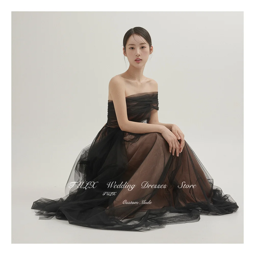 TULX One Shoulder Fairy Black Evening Dresses Wedding Photo shoot Tulle Korea Party Formal Prom Gowns Corset Back Floor Length