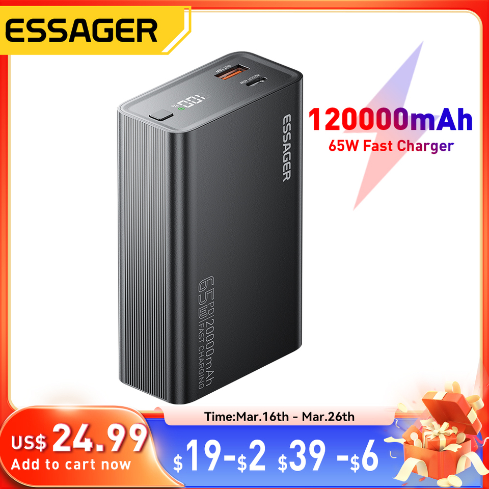  Essager Power Bank 20000mAh Portable PD 65W Fast Charging  Mobile Phone External Battery Powerbank For Phone Laptop Tablet Mac