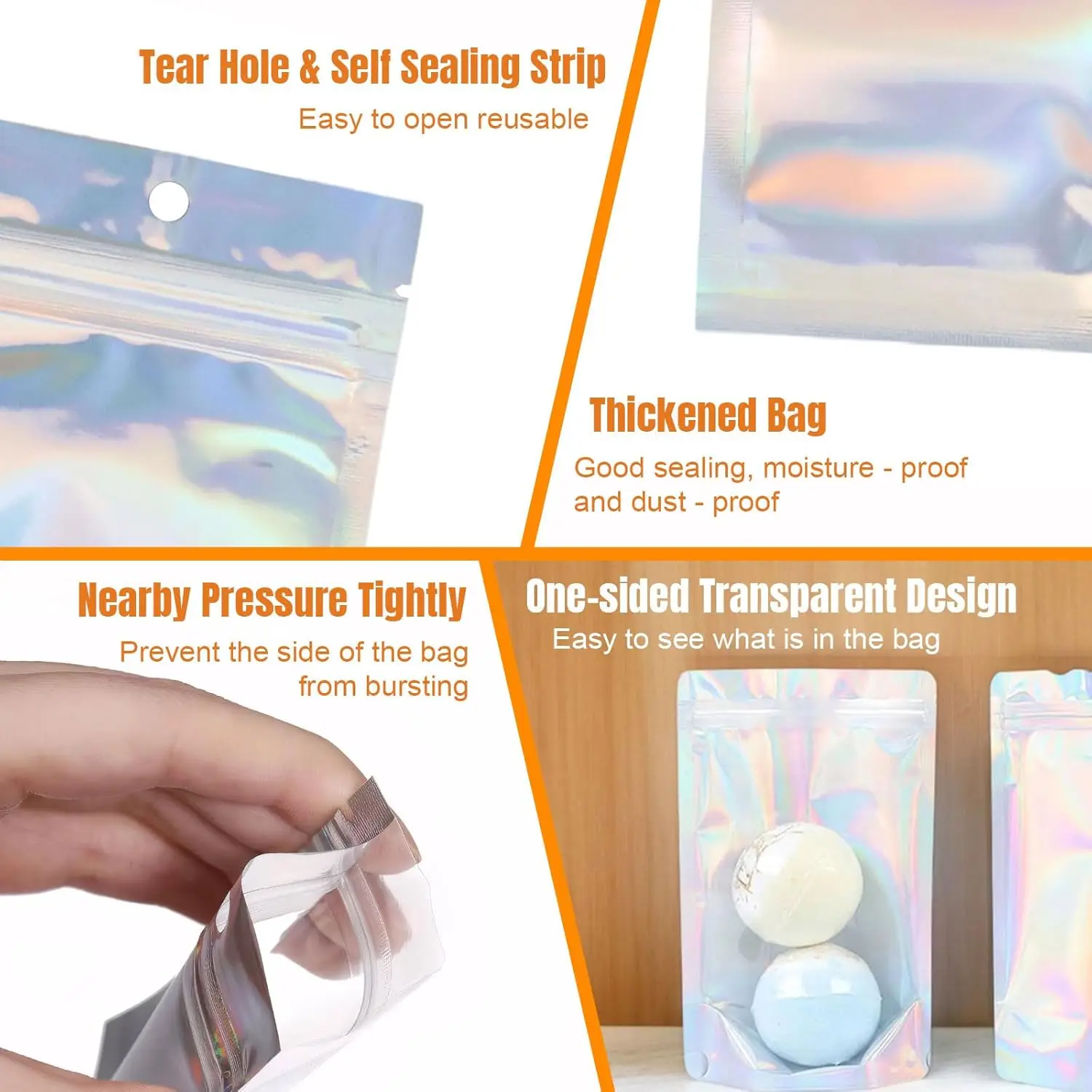 

50 шт. серебряная светоотражающая красочная голографическая закрывающаяся сумка, полупрозрачная закрывающаяся упаковочная сумка, подходит для демонстрации