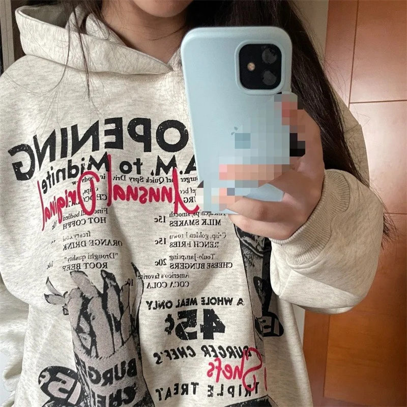 Aerican Retro Hamburger Fries Printed Hooded Sweatshirt For Women in Autumn Winter Layered For Outerwear Loose Ins Thick Hoodie