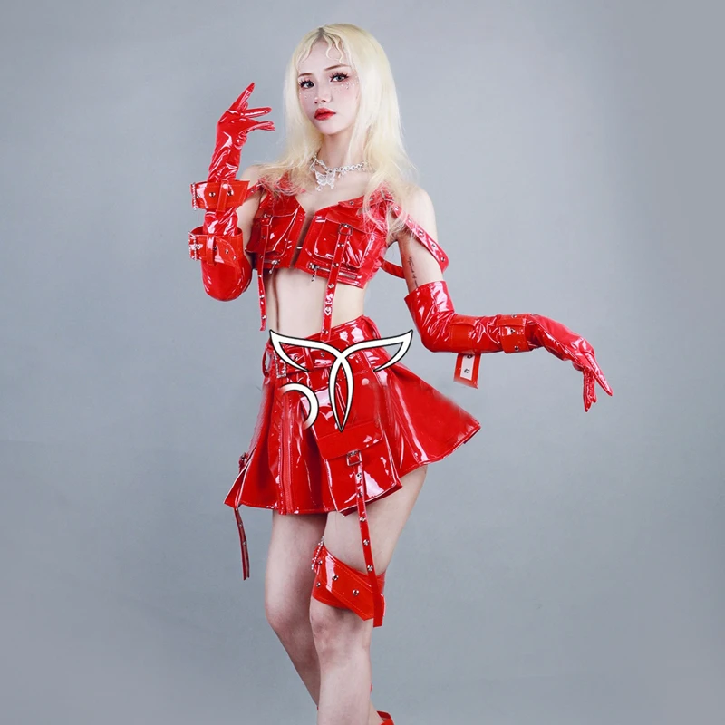 Costumes Gogo Sexy en cuir rouge, vêtements de danse pôle pour femmes, tenues de Festival, Bar, discothèque, Dj Ds, ensemble de vêtements de spectacle sur scène, nouvelle collection