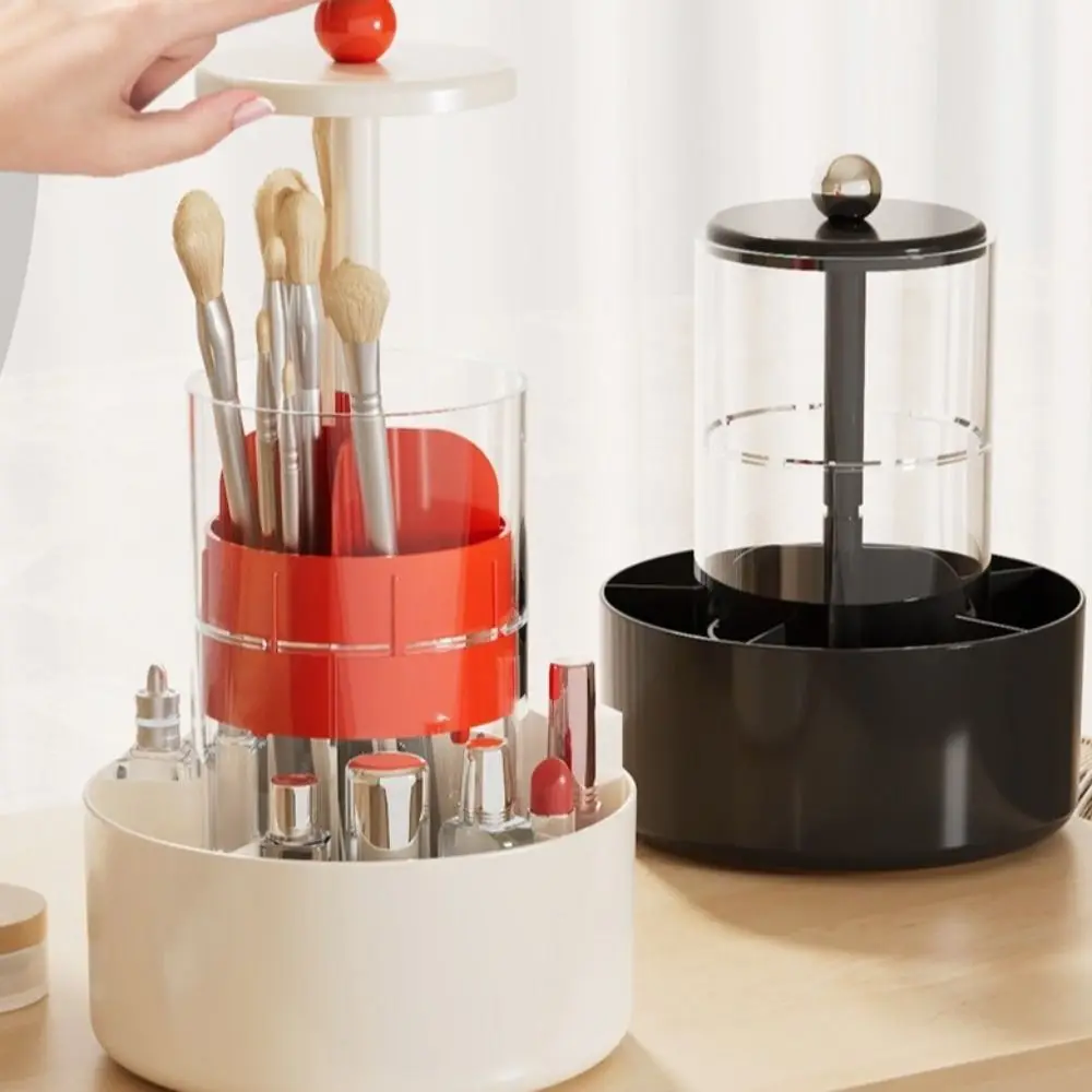 

4 Slots Lifting Makeup Brush Holder Plastic Multi-grid Cosmetic Storage Box Dustproof Bottom Rotatable Makeup Brush Organizer