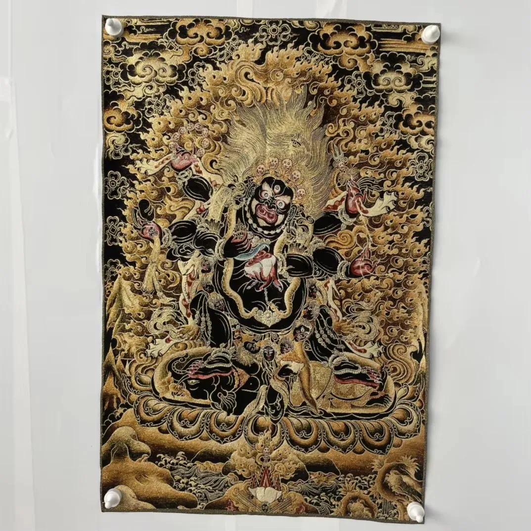 35' Thangka Embroidery Tibetan Buddhism Silk Embroidery Six Arm Mahakala Vajra Buddha Thangka Hanging Screen for Town House