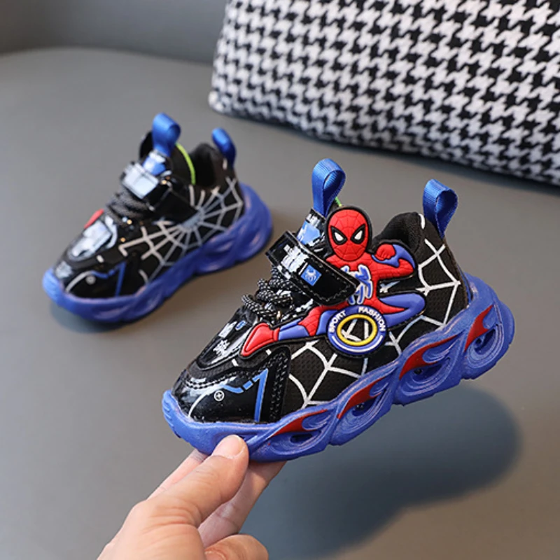 Disney LED Casual Sneakers Red Blue For Spring Boys Spiderman Mesh Outdoor Shoes Children Lighted Non-slip Shoes Size 21-30