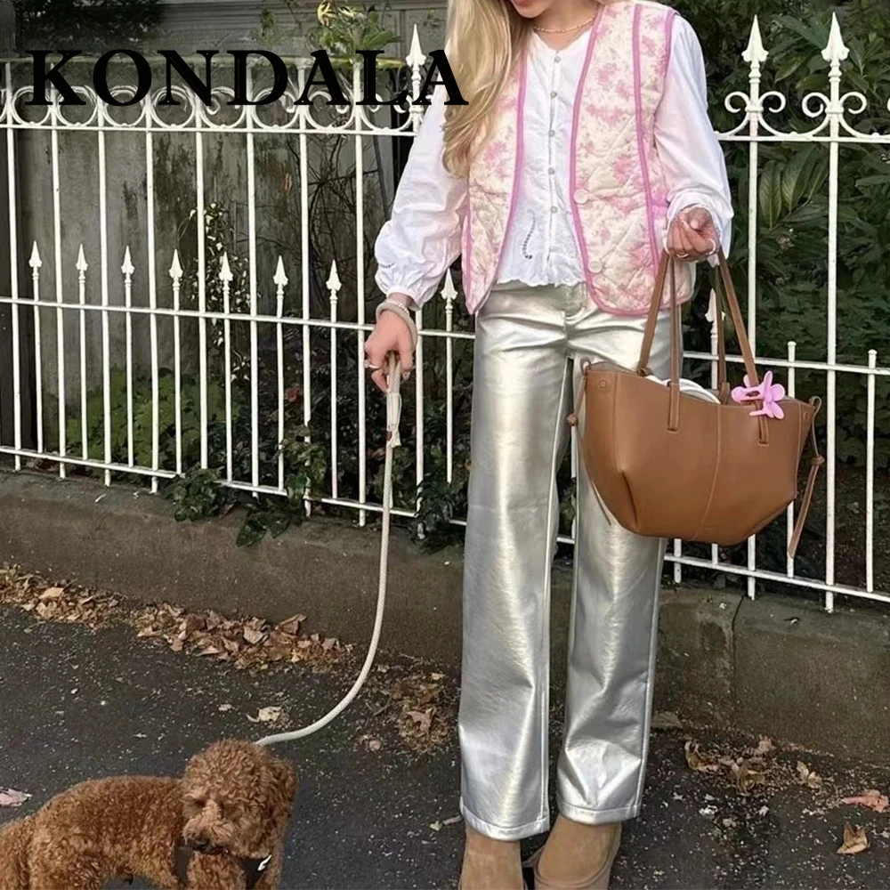 KONDALA Fashion 2025 Spring Print Women Plant Coats Single Breasted Pockets Vest O-Neck Straight Warm Thick Female Outwears