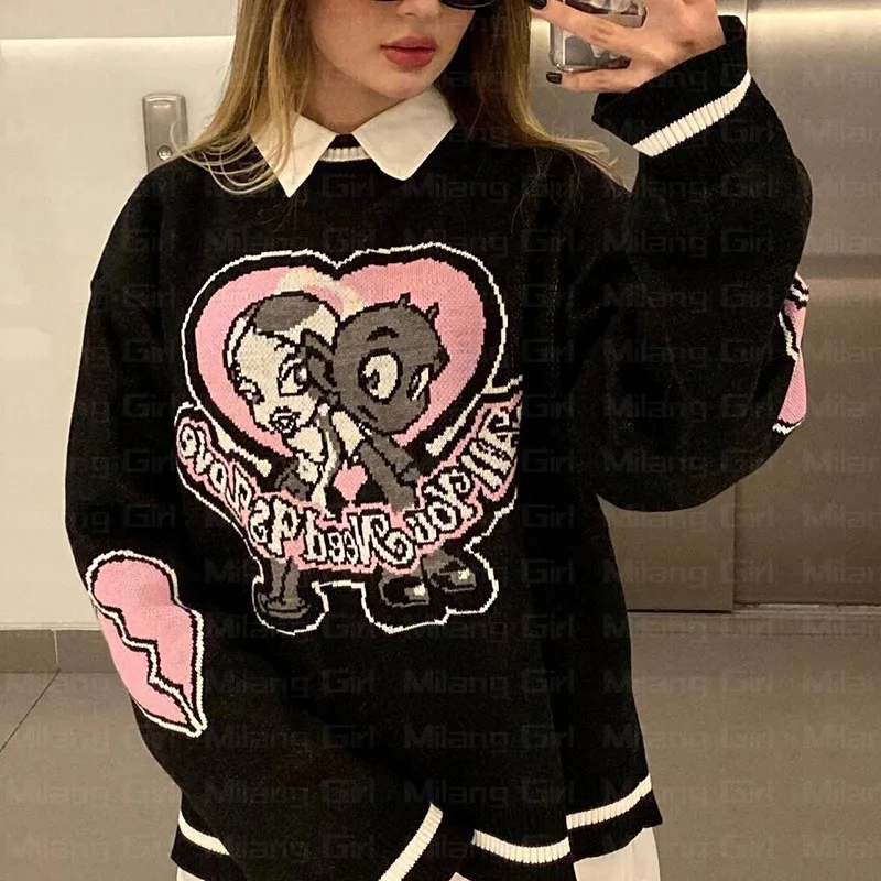 Y2k letter Oversize Sweater Women graphics Tops Long Sleeve Jumper Knitted Autumn Korean Goth Grunge Harajuku Pullover Clothing