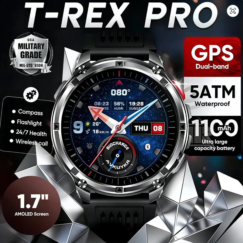 

2026 New T-Rex3 Pro 1100mAh Battery Smart Watch GPS path 5ATM Waterproof Sports Run tracker Outdoors Compass Military Smartwatch