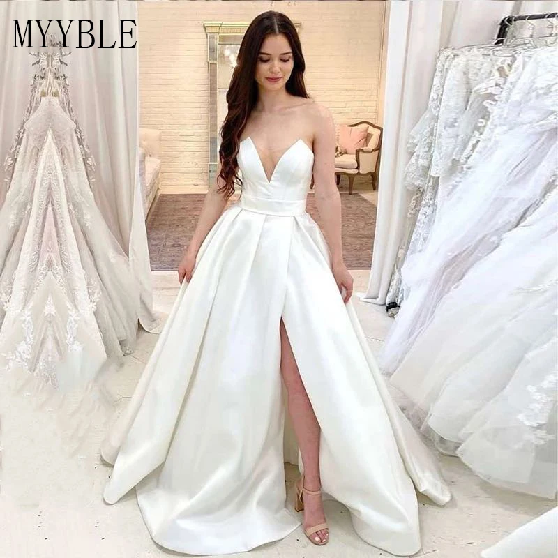 Customized  Plus Size 2022 Elegant Wedding Dresses Boho V-Neck Side Split Satin Custom Made Long White Ivory Bridal Gown